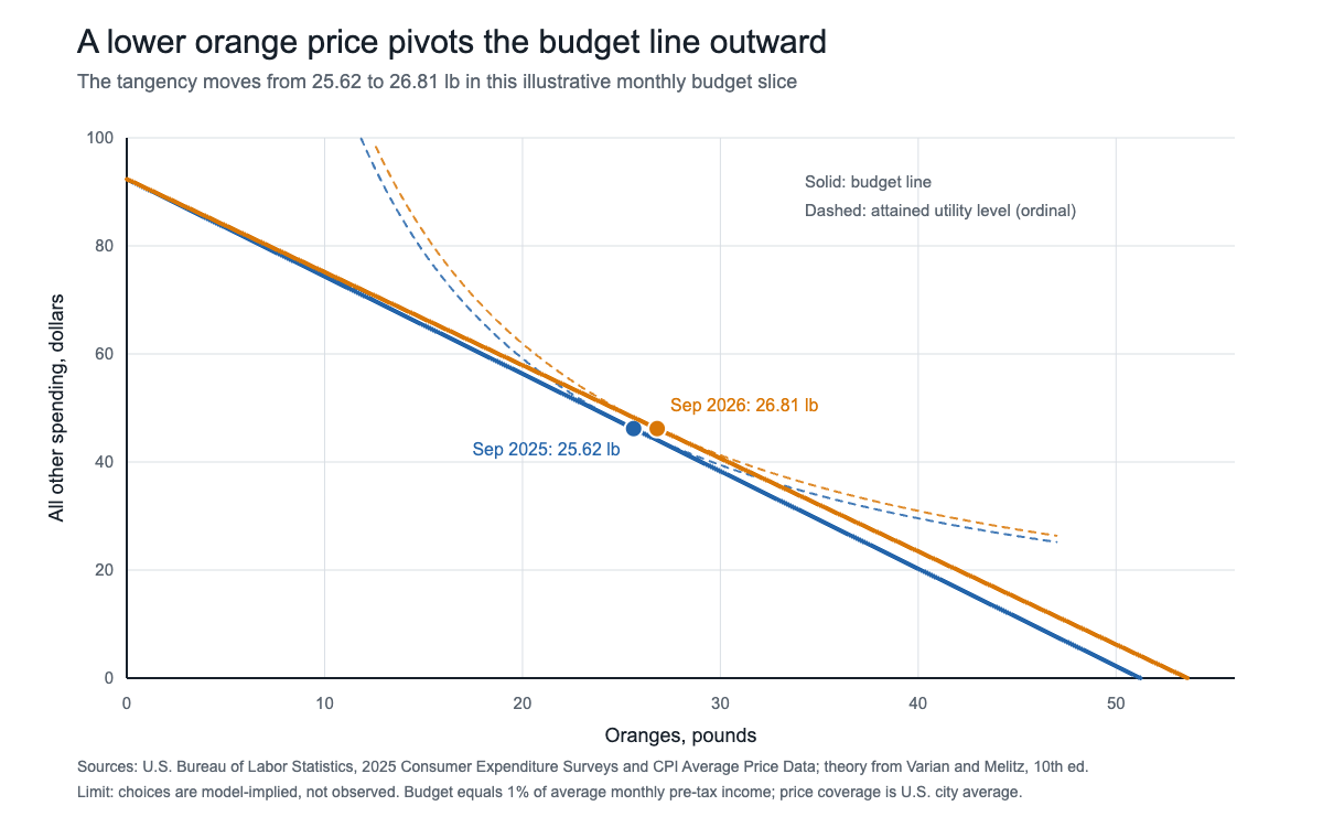 Two constructed budget lines use BLS navel-orange prices for September 2025 and September 2026 and 1% of average monthly 2025 pre-tax…